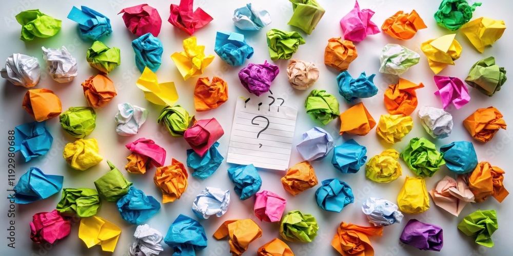 Aufkleber Colorful Crumpled Paper and Question Mark Representing Brainstorming and Problem Solving