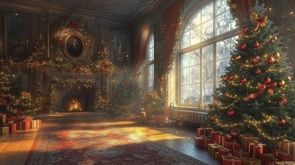 Obraz premium Festive Christmas mansion interior, sunlit room, gifts