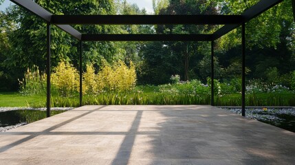 Modern Open Space with Minimalist Design Surrounded by Lush Greenery and Colorful Flower Beds in a Serene Garden Landscape