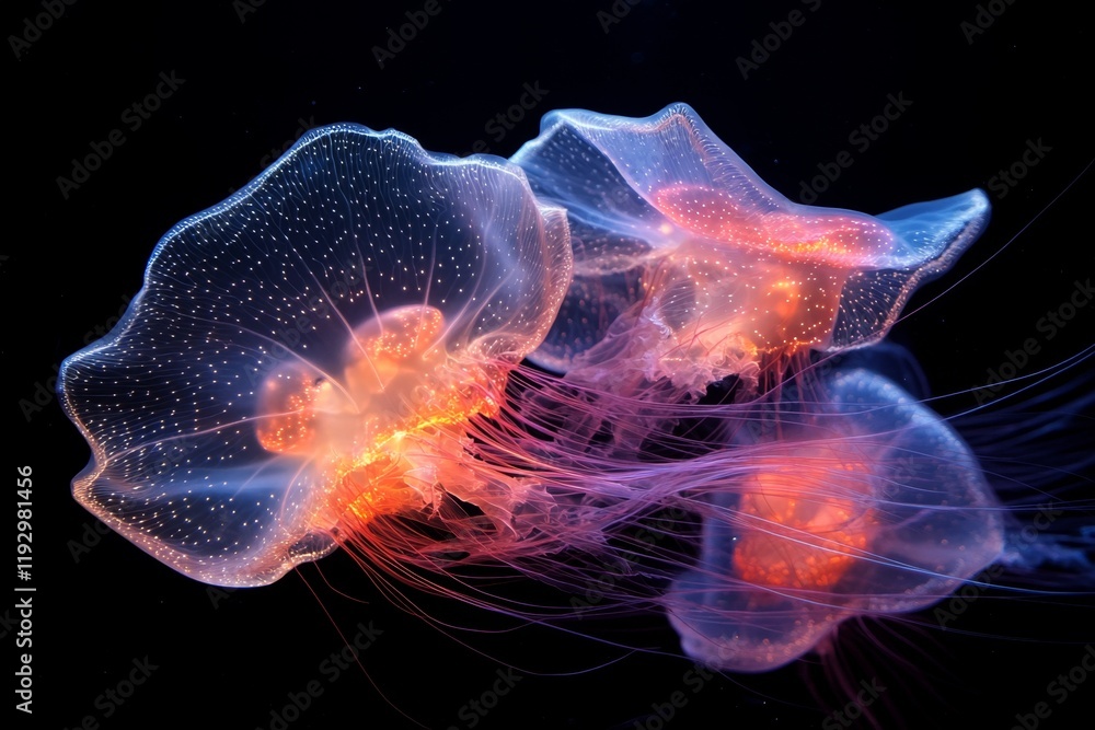 Poster a uv-reactive jellyfish glowing in isolation in a dark marine tank, with its tentacles trailing vibr