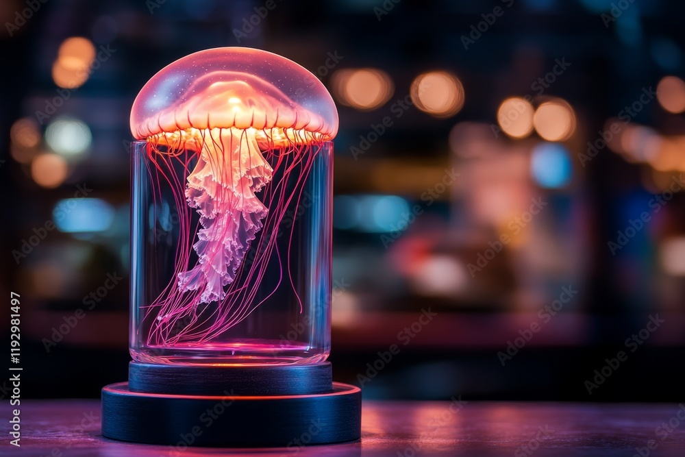 Poster a uv-reactive jellyfish glowing in isolation in a dark marine tank, with its tentacles trailing vibr