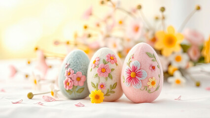 Fototapeta premium Handmade decorative Easter eggs decorated with embroidery and flowers