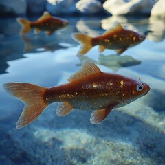Naklejka premium Feng shui prosperity fish swimming in serene garden pond tranquil nature scene aquatic viewpoint