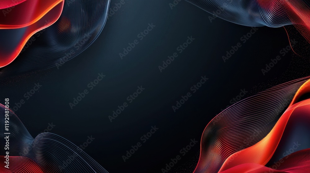 Poster abstract geometric design with flowing lines and decorative borders in red and black color scheme