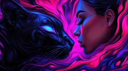 Abstract Woman and Black Cat Portrait Neon Pink and Blue Swirls Digital Art