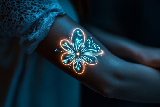 A UV-reactive tattoo glowing on a single arm in a dark room, with the design appearing sharply isolated
