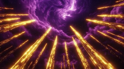 A surreal network of liquid gold beams radiating upwards towards a swirling violet sky