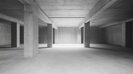 Empty concrete parking garage interior with pillars and high ceilings.