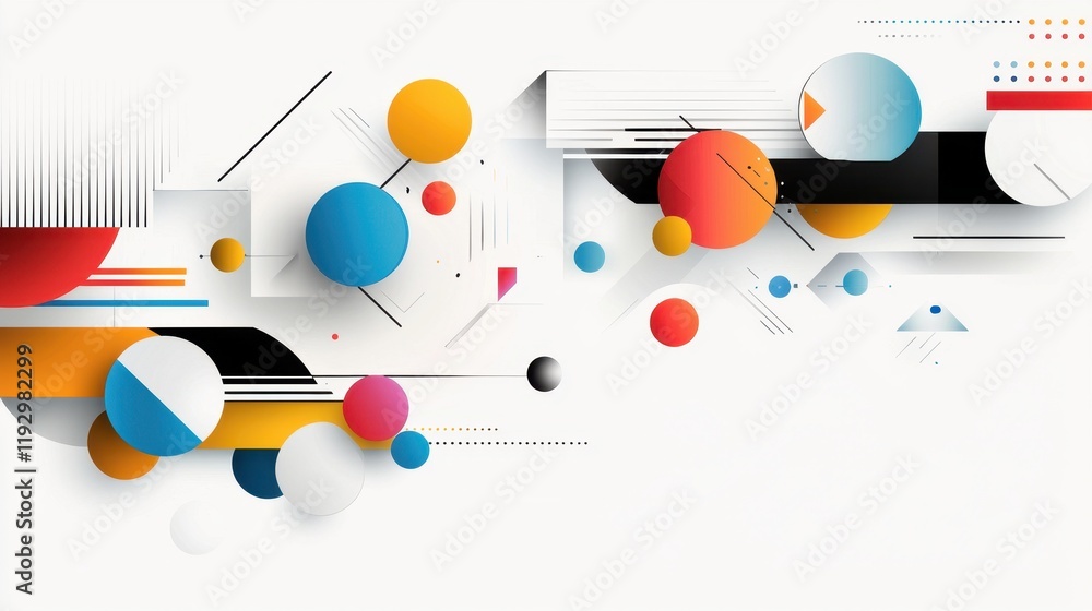 Poster trendy geometric lines and colorful circles in modern abstract design with linear borders and shapes