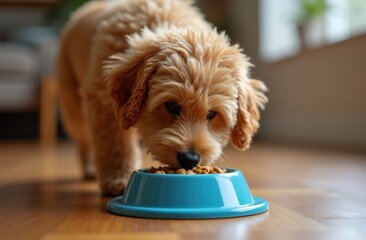 Golden doodle puppy eating dry food from a bright blue bowl on a wooden floor in a cozy indoor setting