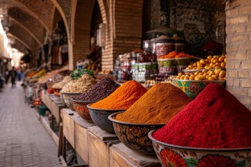 A bustling Uzbek bazaar filled with colorful spices, fruits, and handcrafted textiles, surrounded by traditional architecture