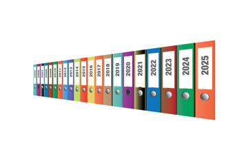 Rows of multicolored binders with years from 2005 tot 2025. In a 3 dimentional view.