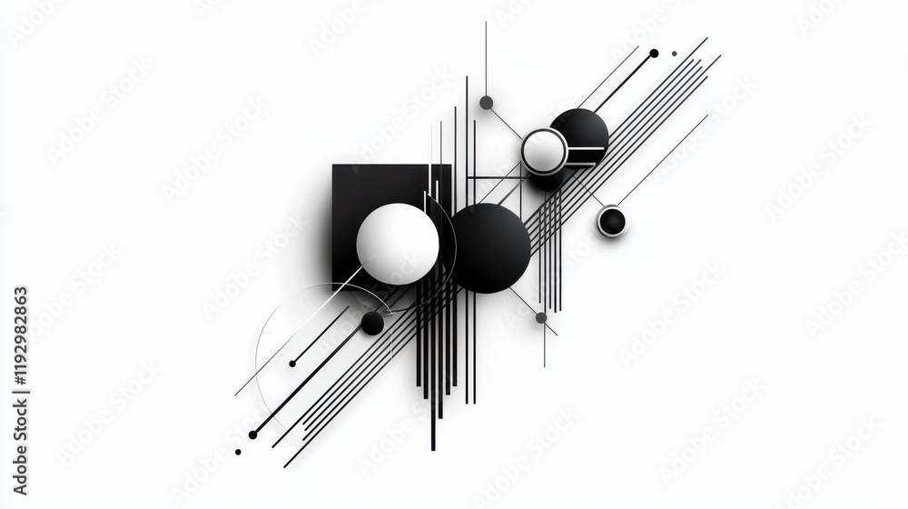 Poster abstract geometric composition with linear borders and decorative elements in black and white