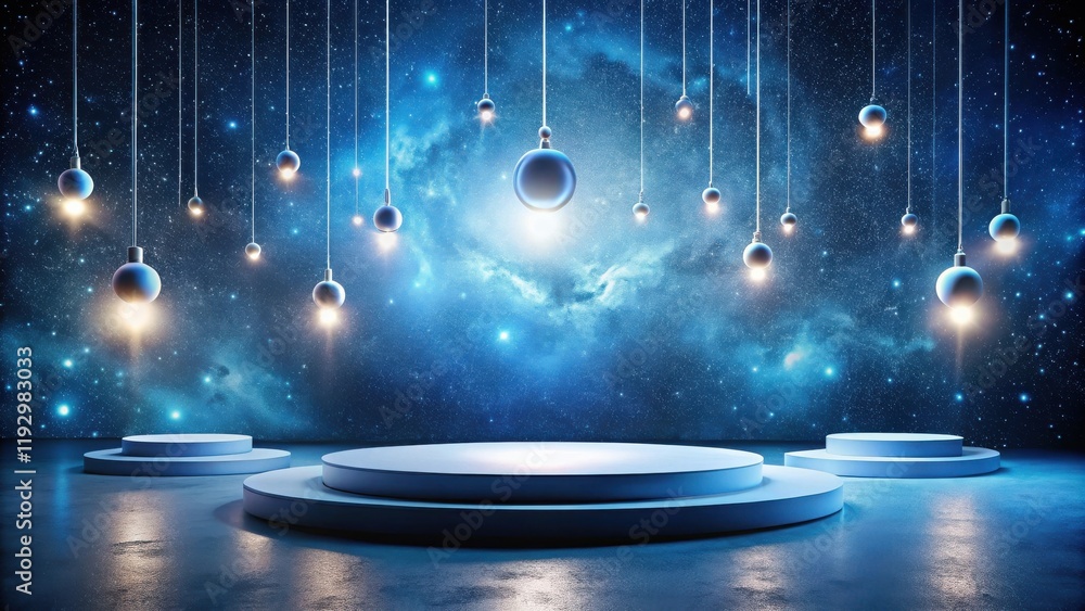 Poster celestial presentation stage with illuminated globes and circular platforms