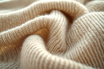 A close-up shot of the soft texture and intricate weave of beige cashmere fabric, highlighting its cozy warmth against an off-white background.
