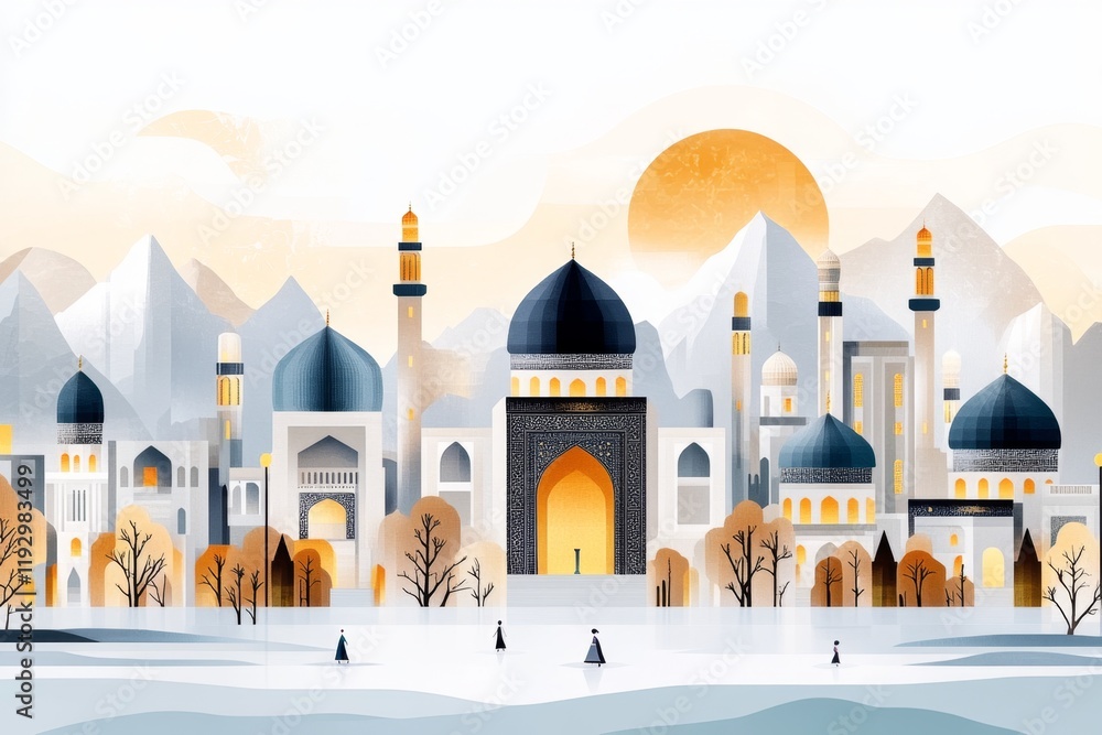 Poster a charming pixel art depiction of registan square, with tiny characters walking amidst vibrant tiled