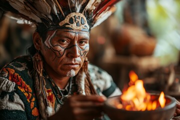 Obraz premium A ceremonial gathering at Uxmal, with participants dressed in Aztec-style clothing and performing traditional rituals