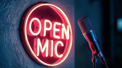 Neon Open Mic Sign with Microphone in Background, Inviting Performers to Share Their Talent at a Live Music Venue or Event, Vibrant and Energetic Atmosphere