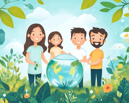 A family gathered around a water ball on World Environment Day, showcasing a lush green landscape, vibrant trees, and a strong message of environmental awareness