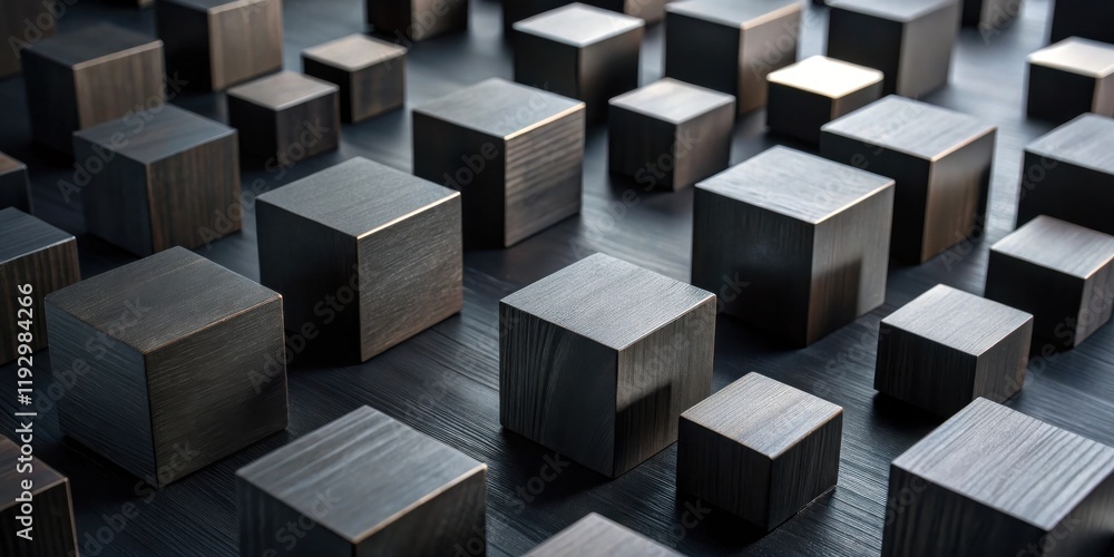 Poster Dark Wood Cubes Abstract Pattern on Black Surface