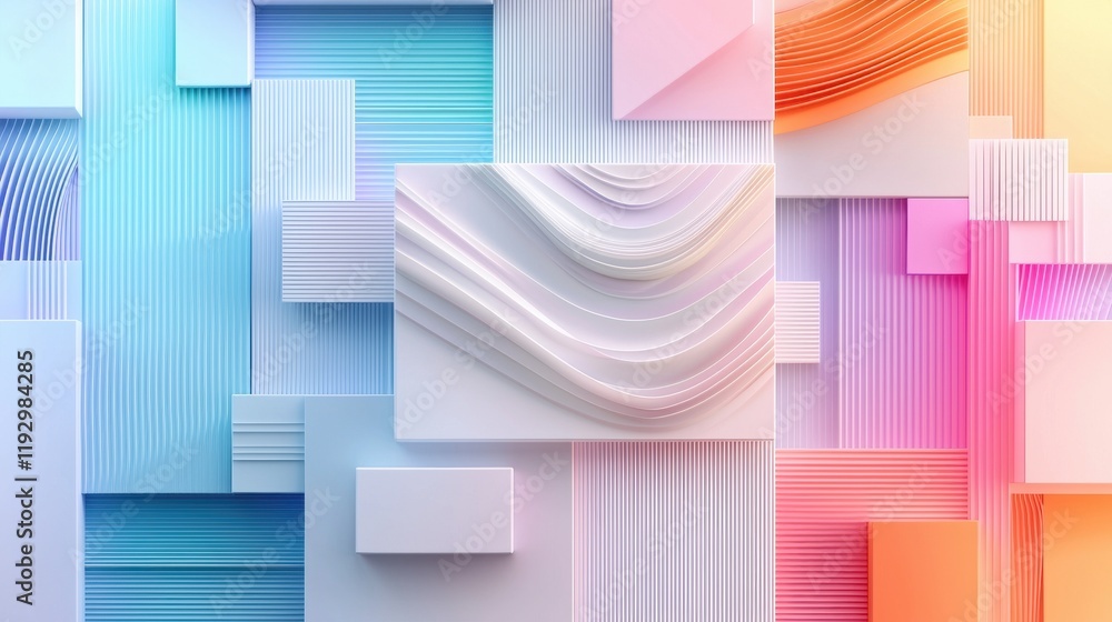 Poster abstract geometric composition with minimalistic lines and soft pastel colors in a modern grid desig