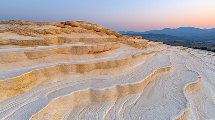 Layered Travertine Terraces at Sunset Panoramic View of Scenic Landscape