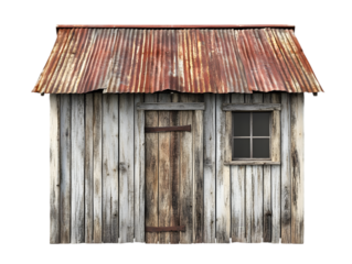 Rustic Wooden Shack with Rusty Metal Roof on Transparent Background

