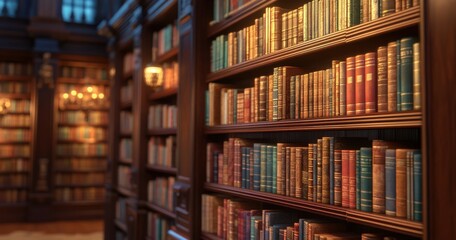Elegant library interior showcasing rows of antique books with rich wooden shelves, warm lighting and a cozy atmosphere perfect for reading and study