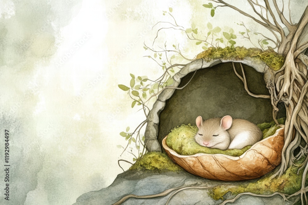 Poster cozy mouse resting peacefully in a natural nest beneath a tree at dawn in a gentle woodland setting.