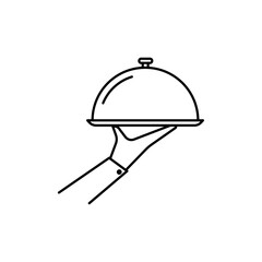 Hand holding tray icon linear logo isolated