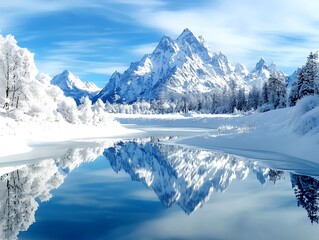 Snow-covered mountain range reflecting in a still lake blue sky and light clouds