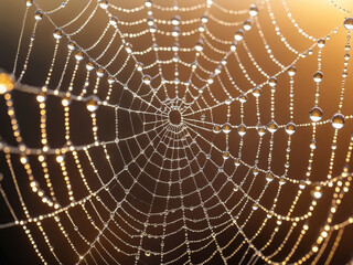 Obraz premium Close-up of a spiderweb adorned with glistening dew drops, illuminated by warm sunlight, showcasing intricate patterns and delicate beauty.
