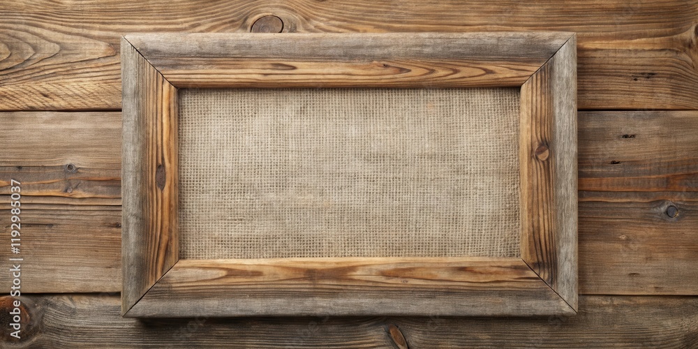 Poster rustic wooden frame with burlap insert on weathered wood background
