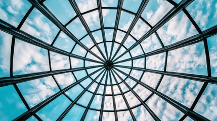 Stunning Architectural Glass Dome with Radiant Blue Sky and White Clouds Captured from Below, Showcasing Intricate Geometry and Design Aesthetics