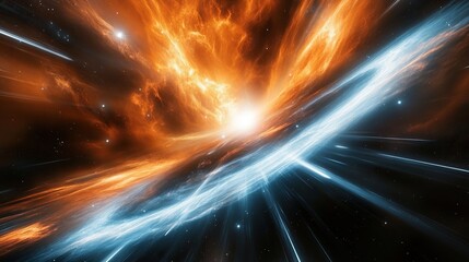 Obraz premium A swirling nebula of translucent orange and royal blue mist illuminated by sharp white light beams