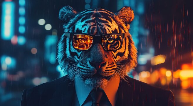 A tiger wearing glasses and a suit, cinematic lighting, a cyberpunk city background