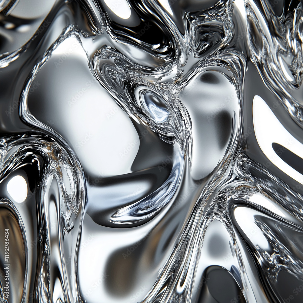 Poster abstract metallic liquid texture with smooth reflective surfaces and silver highlights