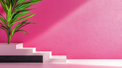 Obraz premium A pink wall with a plant on a step