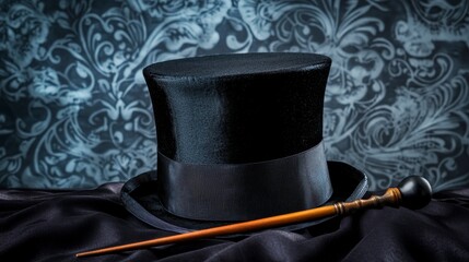Elegant black top hat on luxurious fabric with a vintage patterned backdrop, perfect for formal events, theatrical productions, and classic costume parties.