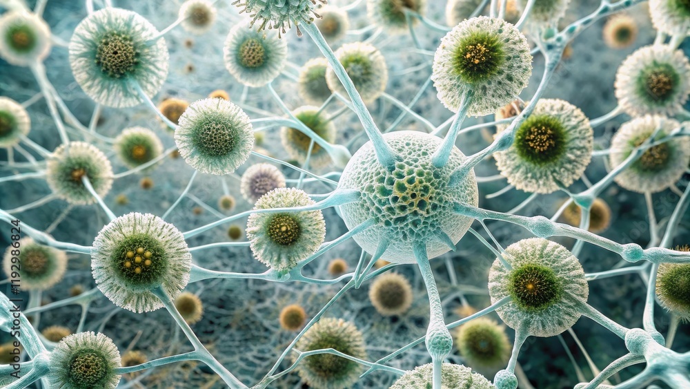 Aufkleber Microscopic View of Interconnected Cellular Structures with Numerous Branching Extensions and Central Nodes