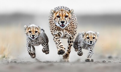 Naklejka premium Cheetah family running, savanna background, wildlife action, nature photography