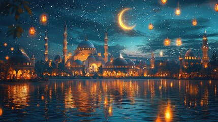 Golden crescent moon over mosque during Ramadan night.