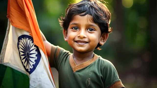 A young boy holds the Indian flag with pride and smiles warmly. This video captures the essence of patriotism and joy, making it perfect for Indian Independence Day celebrations.