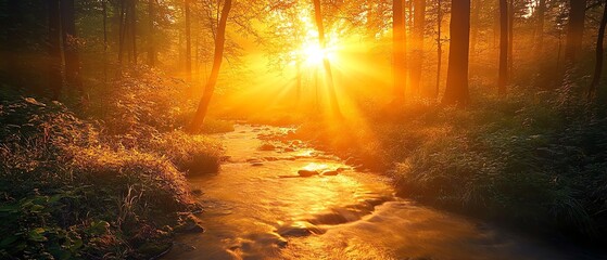 Obraz premium A peaceful forest at dawn, with golden sunlight streaming through the trees, illuminating a meandering stream flowing peacefully through lush, vibrant vegetation