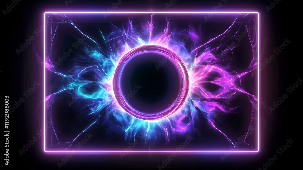 Poster mesmerizing neon spiral frame with radiant central void hovering in ethereal dark void