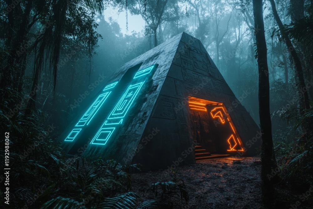 Poster a cyberpunk-inspired depiction of the uxmal pyramid with neon aztec patterns glowing under a futuris