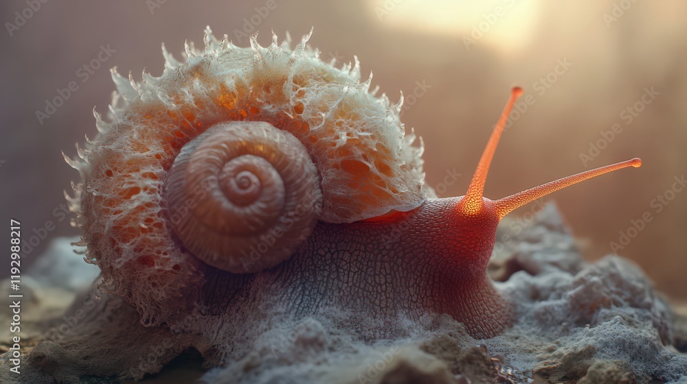 Poster close-up of a snail with a unique spiky shell and reddish body on textured rock