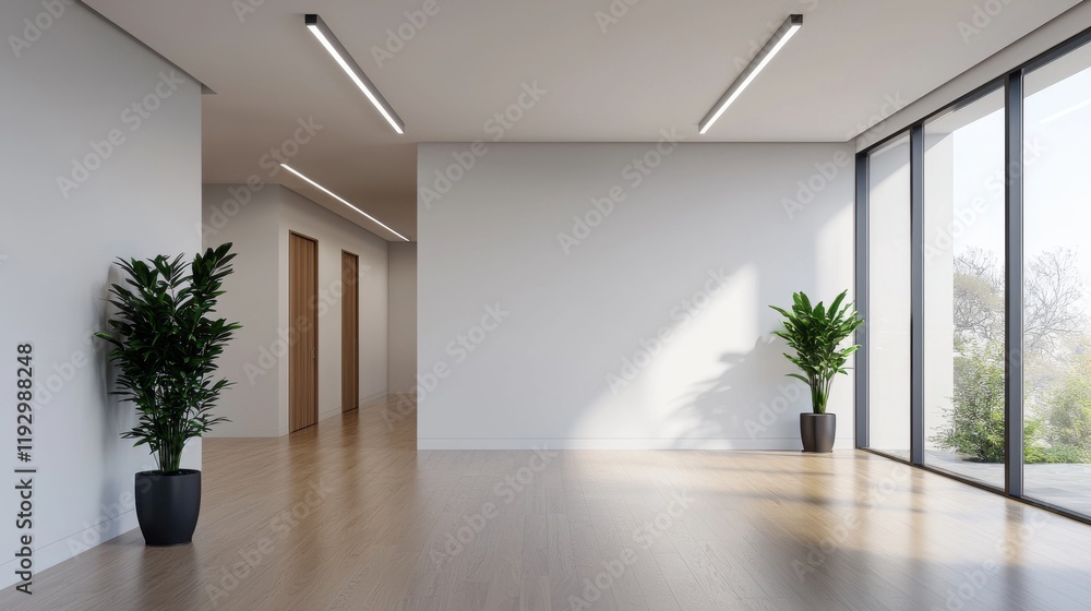 Poster modern empty office space with large windows and plants
