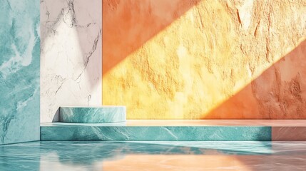 An artistic interior space featuring vibrant and bold textures in colors of turquoise and orange,...