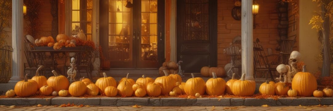 A collection of colorful Halloween posters featuring pumpkins, skeletons, and other autumnal decorations in a vibrant orange and yellow color scheme, colorful poster, autumnal decor